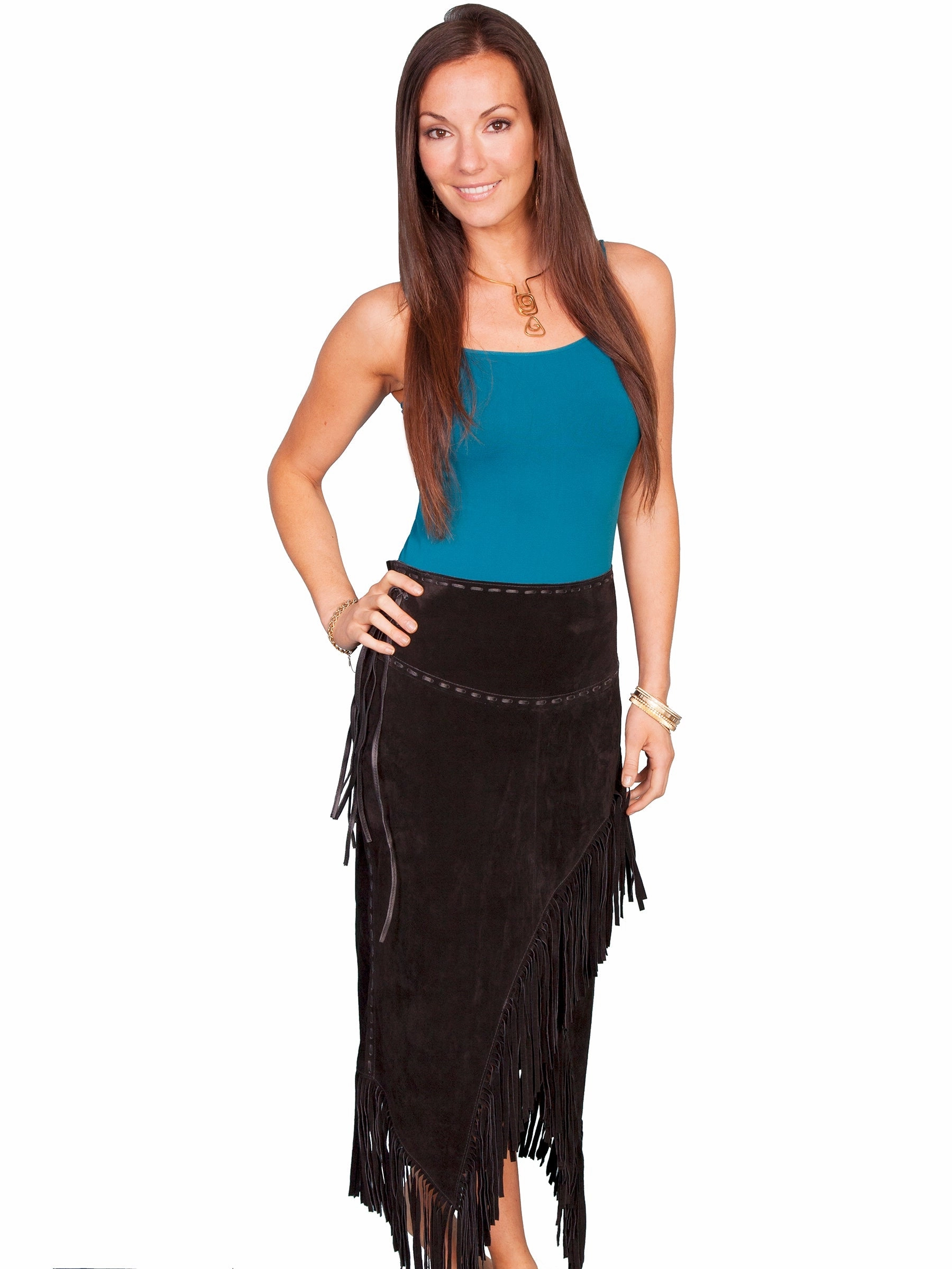 Polished Fit Sleek Detail Scully Leather Womens Long Boar Suede Tie Side Fringe Skirt Black S