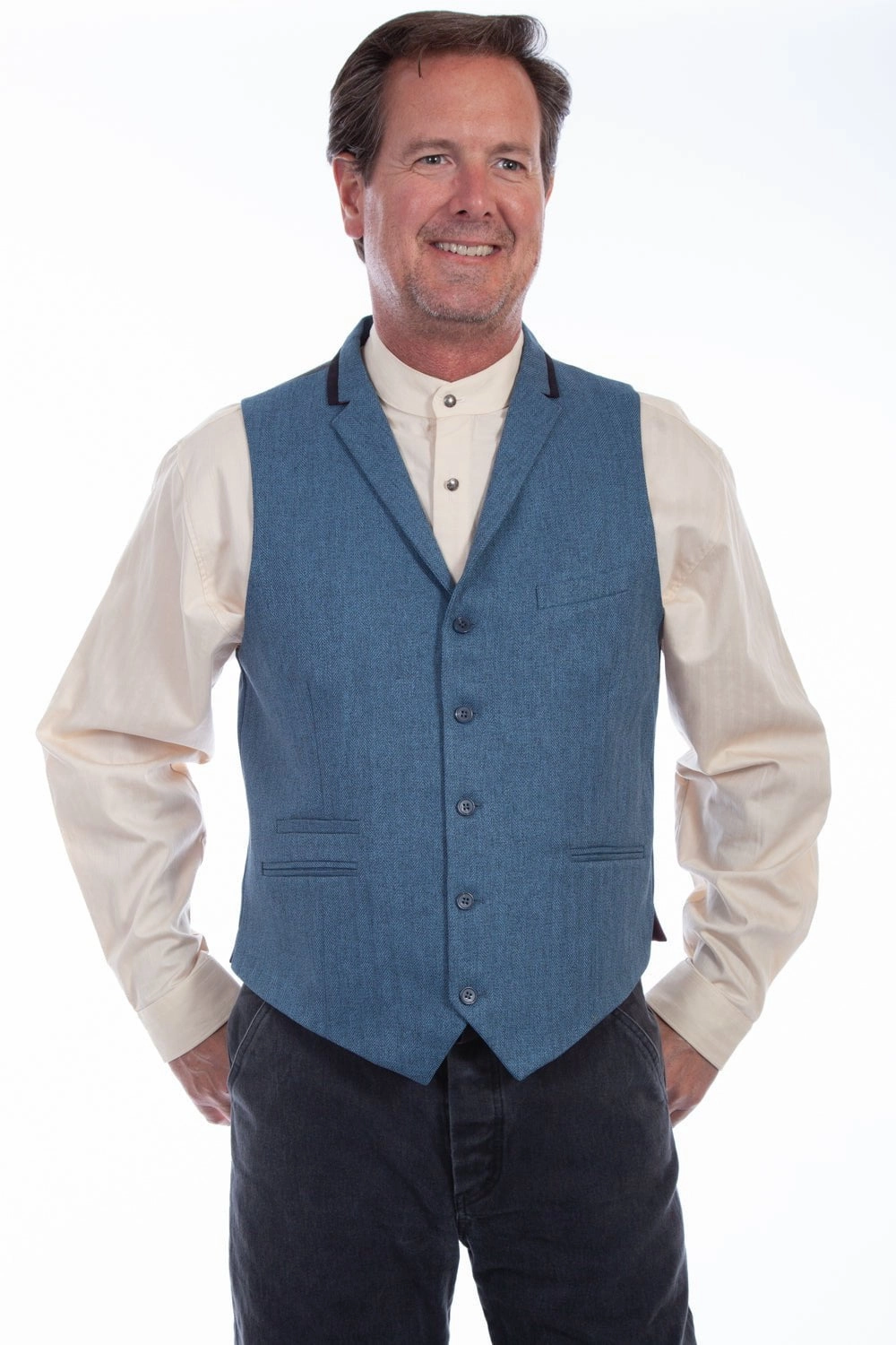 All Day Layering NoiseFreeMaterial Scully Mens Blue Polyester Herringbone Point Vest