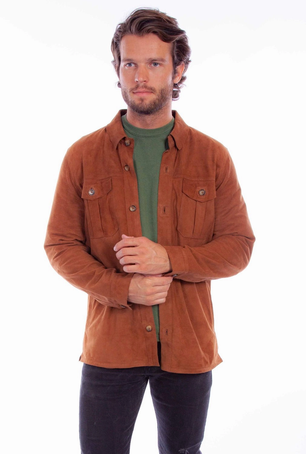 Scully Mens Button Up Shirt Cinnamon Leather Leather Jacket Oversized style Functional Pocket