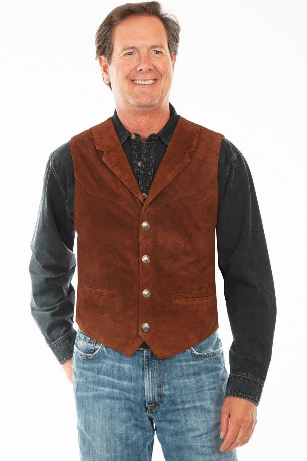 Scully Mens Cafe Brown Leather Lapel Vest Light Weight