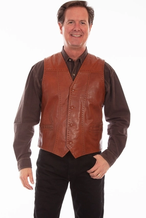 Scully Mens Cognac Leather Pick Stitch Vest Soft Cover