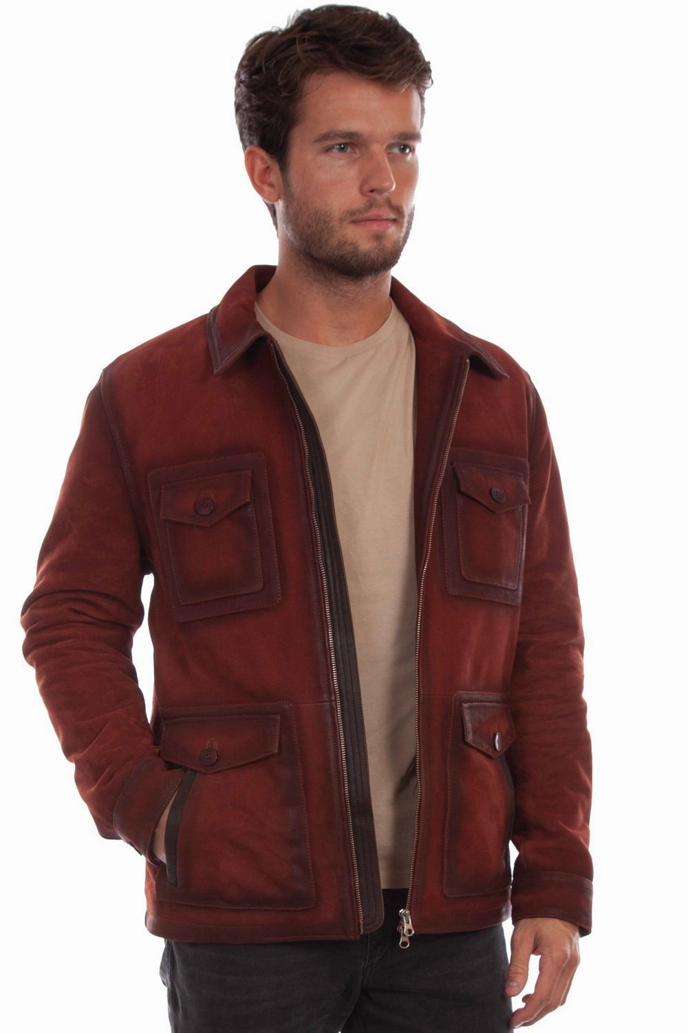 Scully Mens Collared Wine Leather Leather Jacket Taped Seam Construction