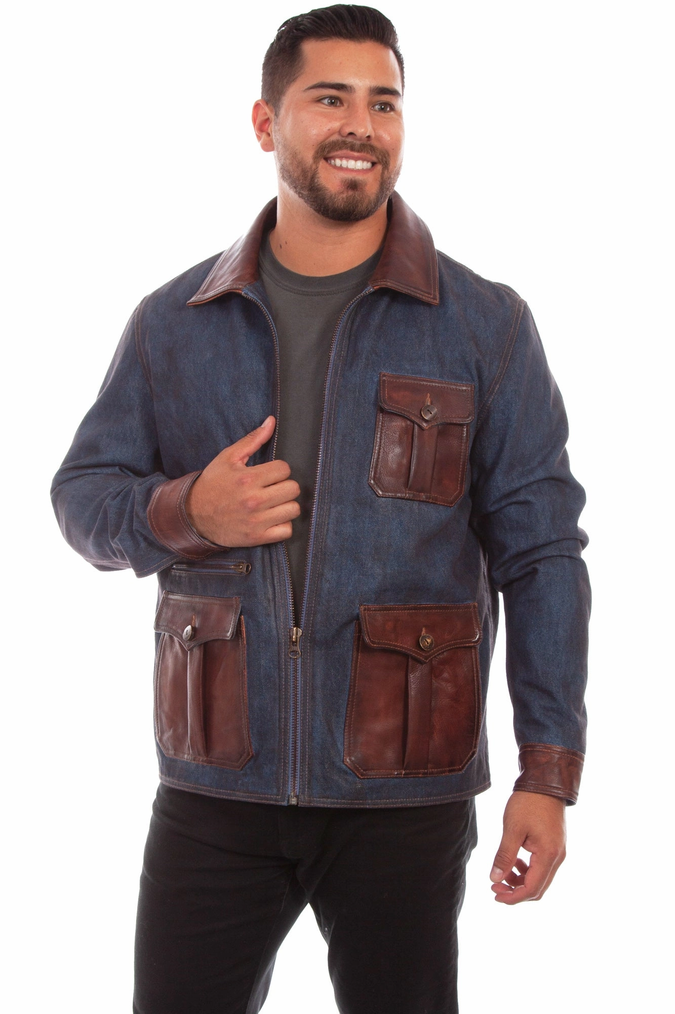 Hypoallergenic fabric ElasticCuffs Scully Mens Denim Cotton Blend Leather Trim Jacket