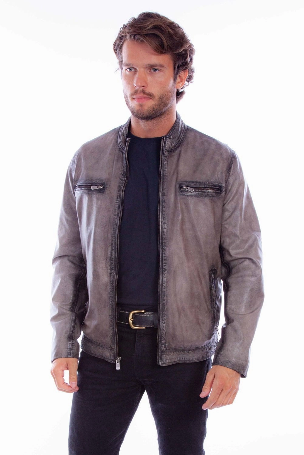 waterproof construction Street Comfort Scully Mens Distressed Slim Fit Grey Leather Leather Jacket