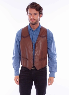 Scully Mens Distressed Yoke Brown Leather Leather Vest Snag Free Fabric