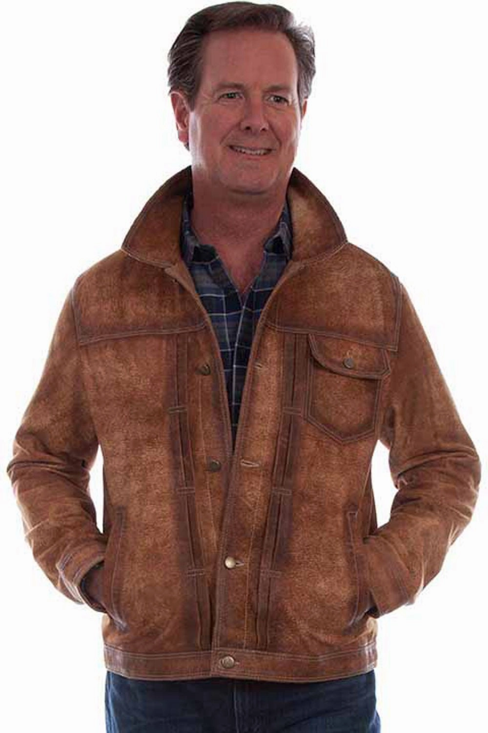 Oversized Fit Light Look Scully Mens Fancy Placket Teak Leather Leather Jacket