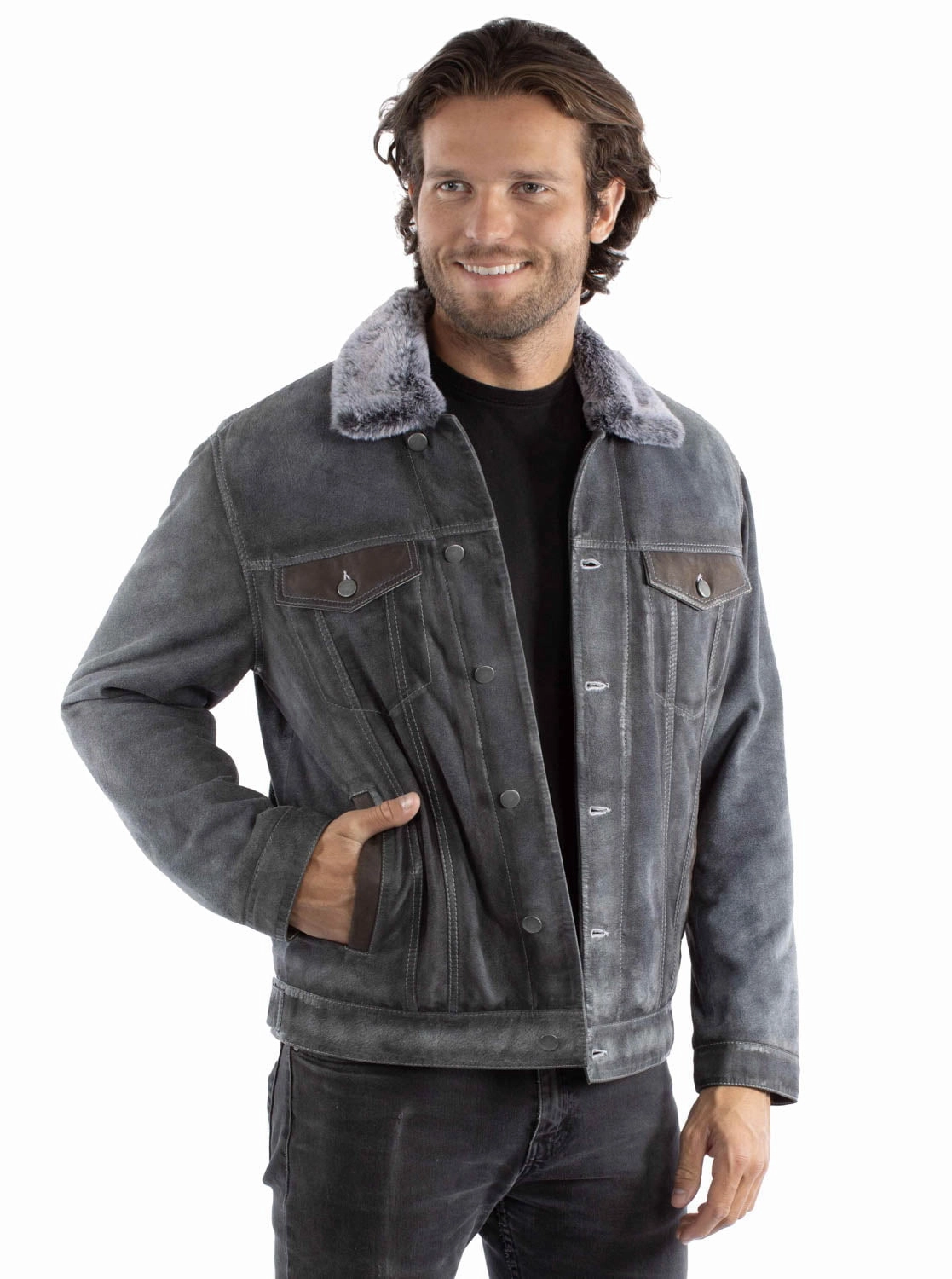 Light Weight Scully Mens Faux Fur Lining Jean Blue Leather Leather Jacket