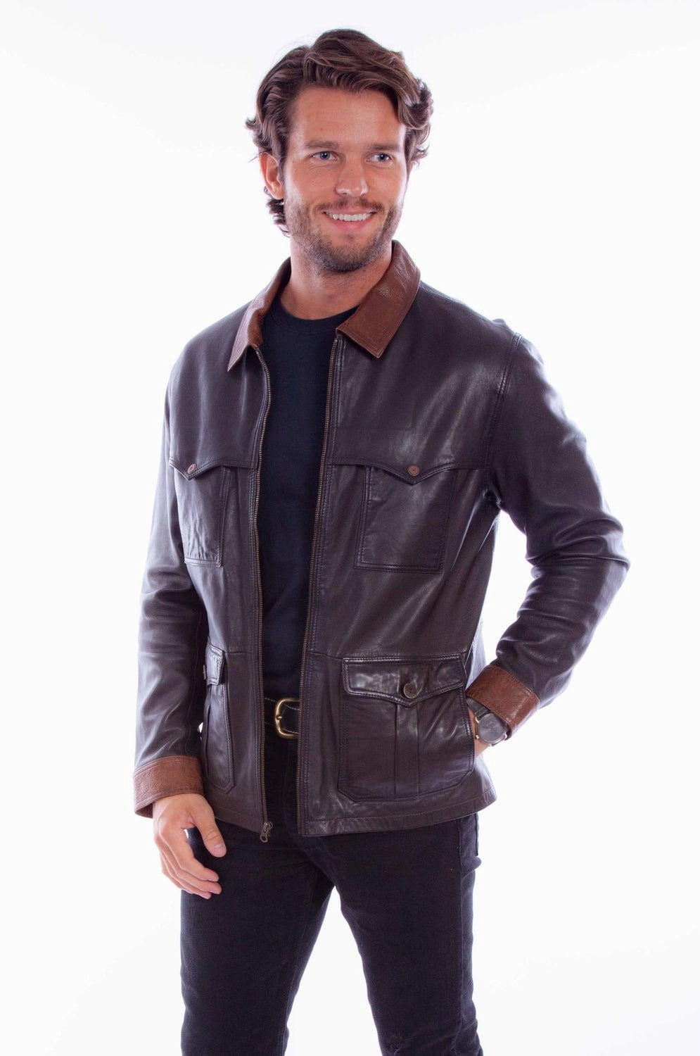 Scully Mens Retro Zip Chocolate Leather Leather Jacket Flexible Fiber Fill Eco Certified Textiles