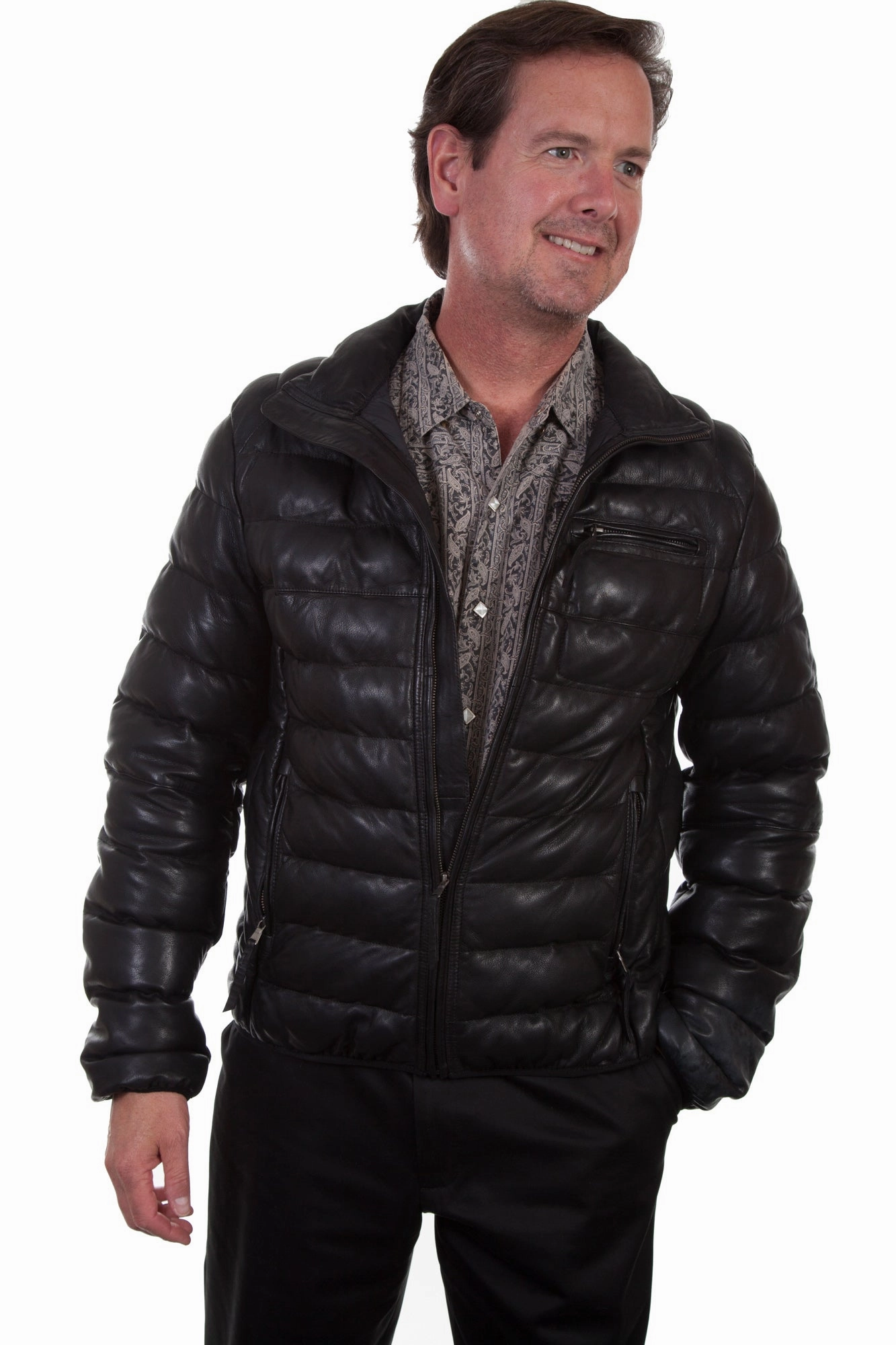 Scully Mens Ribbed Puffer Black Leather Leather Jacket Quick Release Fasteners