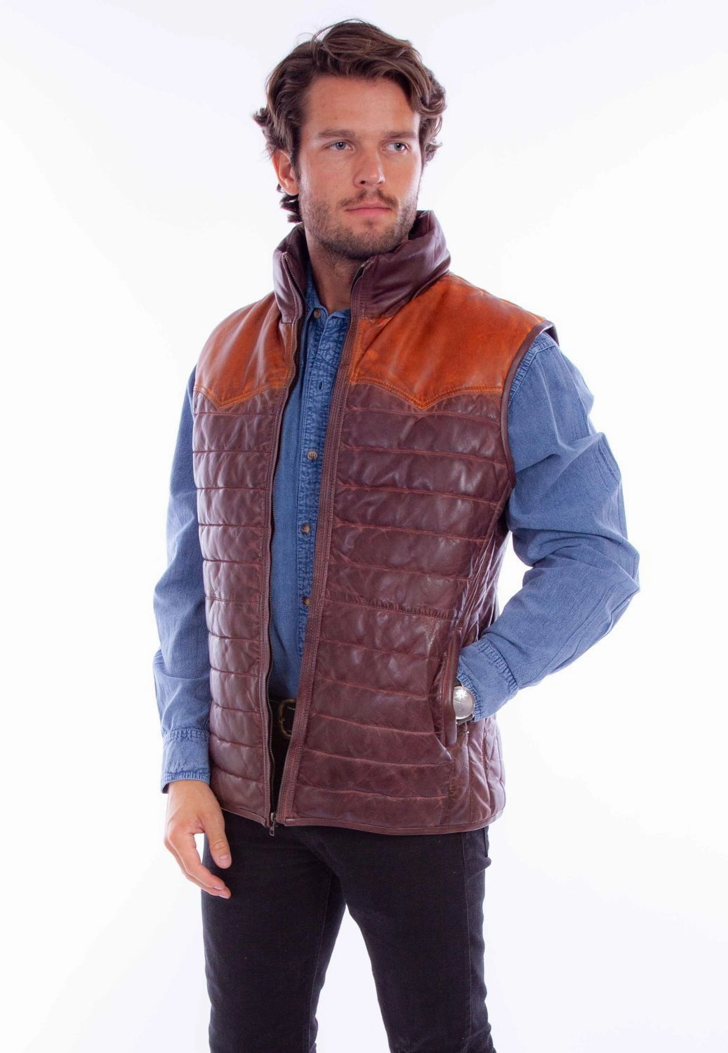 Glossy Finish Scully Mens Two Tone Yoke Brown Leather Leather Vest