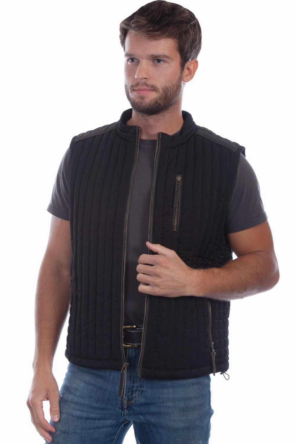 Tapered Hem Scully Mens Vertical Ribbed Black Leather Softshell Vest