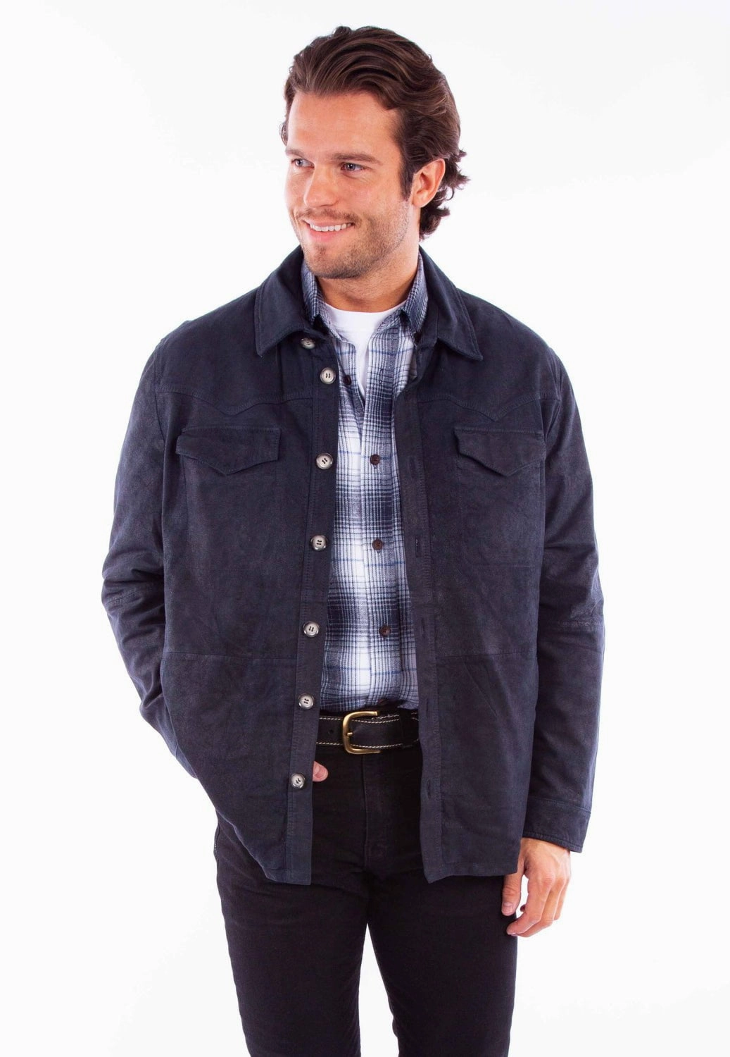Compact Design Scully Mens Western Button Up Navy Leather Leather Jacket