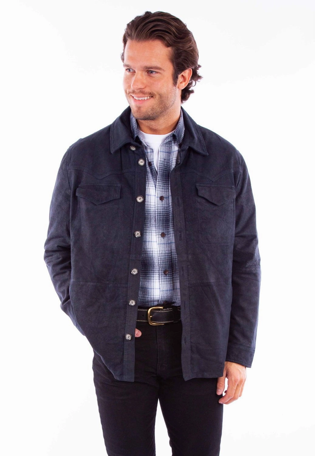 Hypoallergenic Textile Office Wear Scully Mens Western Button Up Navy Leather Leather Jacket