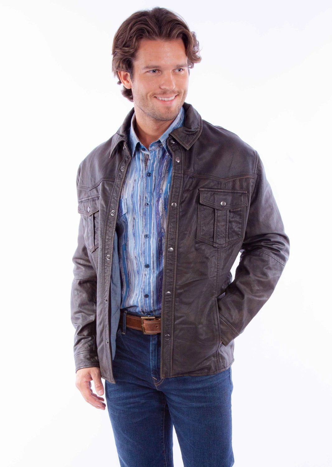 Scully Mens Western Motorcycle Black Leather Leather Jacket Logo Free Style