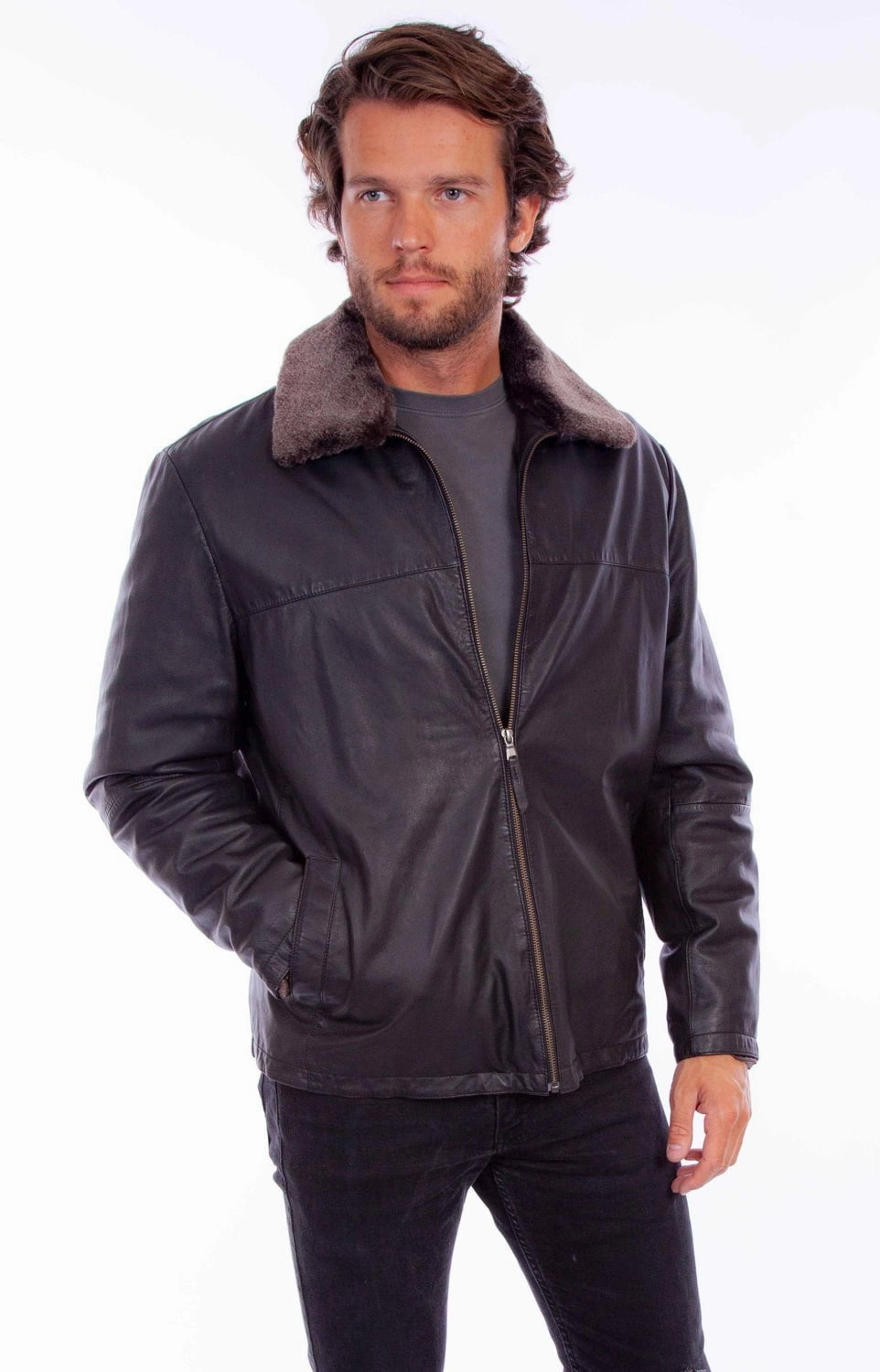 Essential City Look Reinforced Edging Scully Mens Zip Bomber Black Leather Leather Jacket