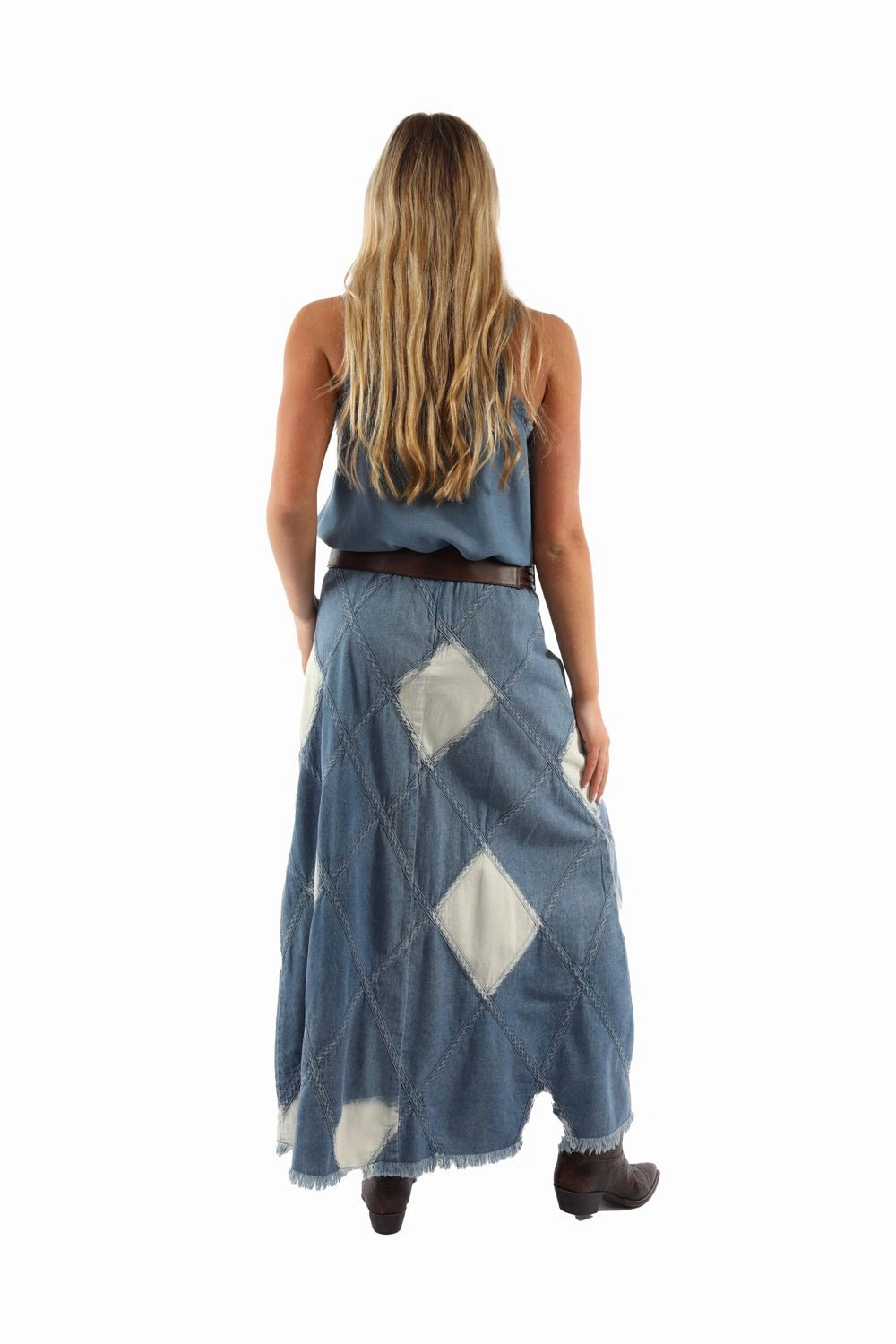 Scully Womens Acid Wash Diamond Panels Blue 100% Cotton Skirt Breezy Look Modern Outfit