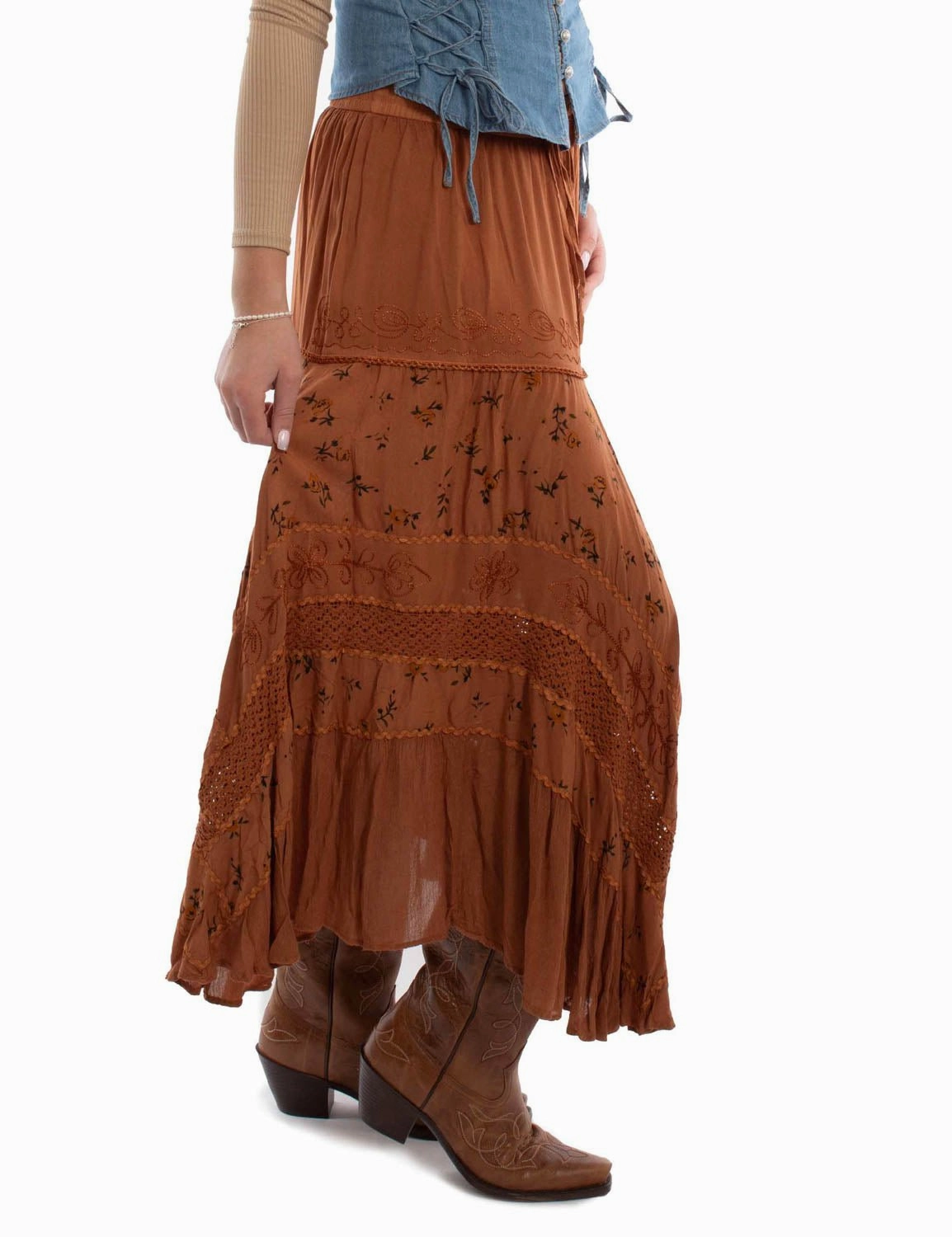 Scully Womens Adorned Multi Panels Rust 100% Rayon Skirt Minimalist Trim Visual Outfit