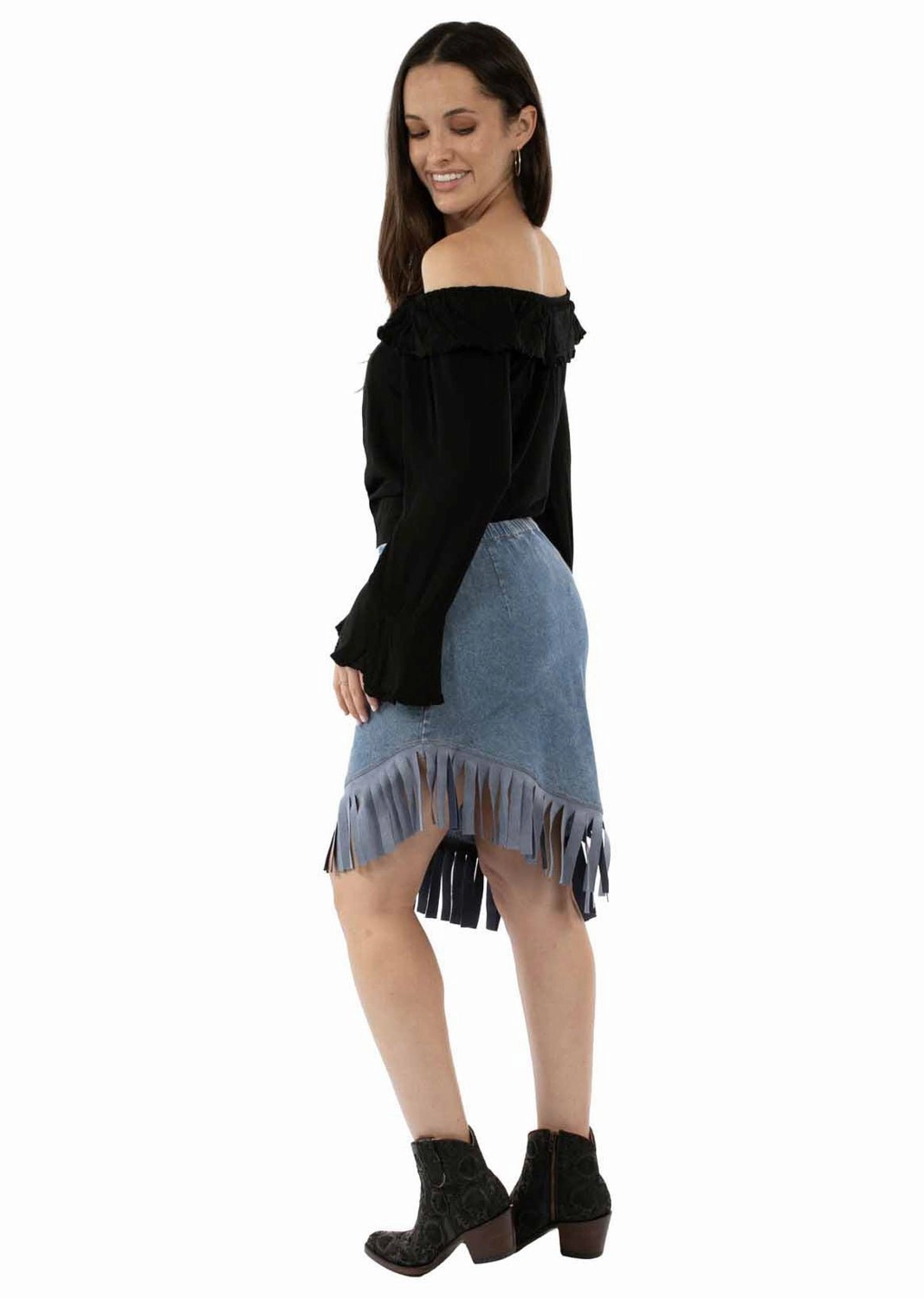 Scully Womens Asymmetrical Fringe Bottom Blue 100% Cotton Skirt Classic Look