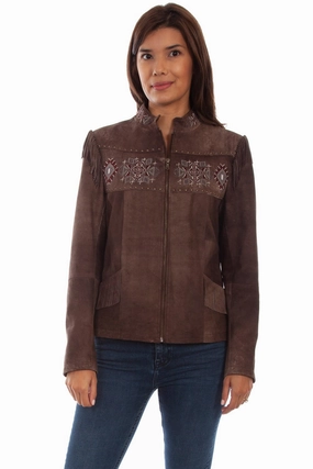 Scully Womens Aztec Beaded Fringe Chocolate Leather Leather Jacket Lightweight Polyester Blend