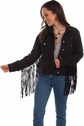 Cool Season Scully Womens Black Cotton Blend Fringe Jean Denim Jacket