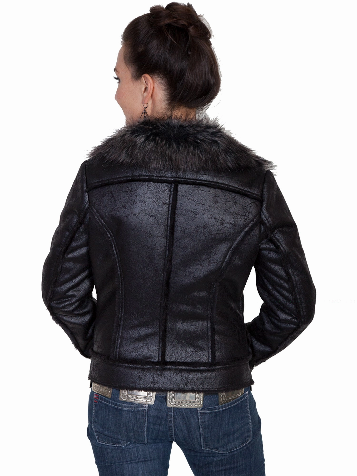 Scully Womens Black Faux Fur Motorcycle Jacket Essential Style Recycled Material Blend