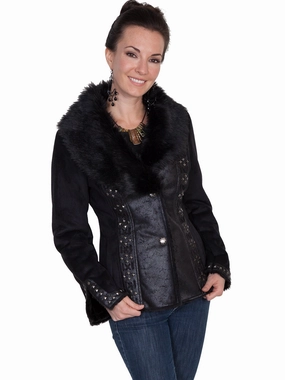 Scully Womens Black Faux Fur Stud Jacket Flexible Knit
