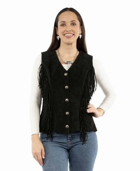 Removable Hood Reinforced Stress Points Scully Womens Bohemian Inspired Fringe Black Leather Leather Vest L