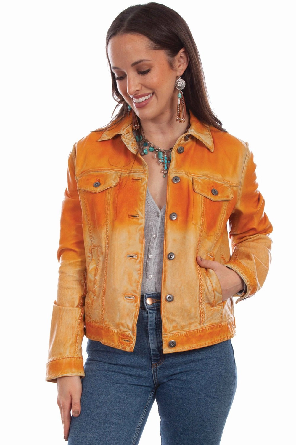 Scully Womens Butterscotch Leather Ombre Jacket Glow In The Dark Trim