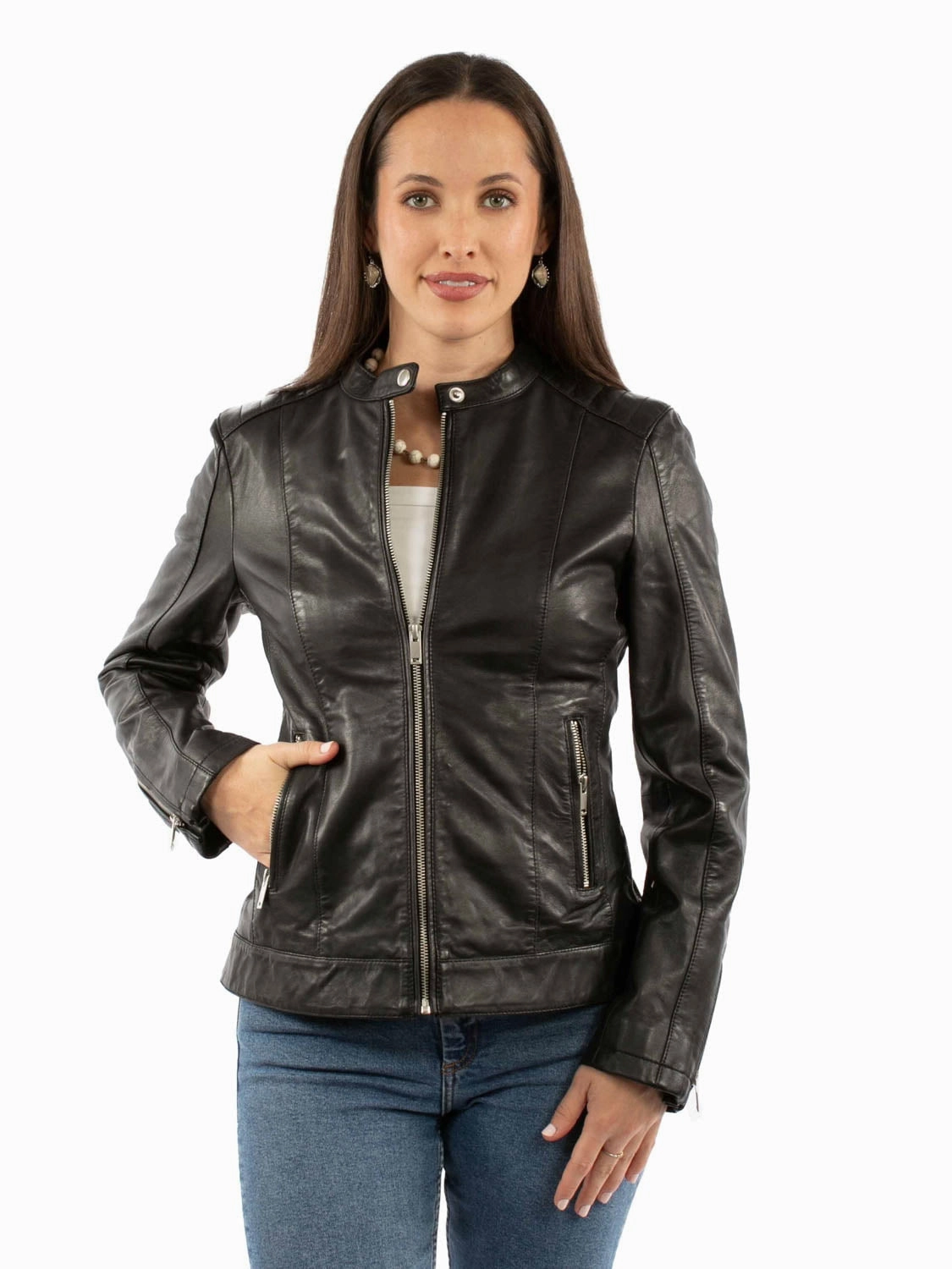 Travel Commuter Layer Structured Casual Fit Scully Womens Cafe Racer Black Leather Leather Jacket