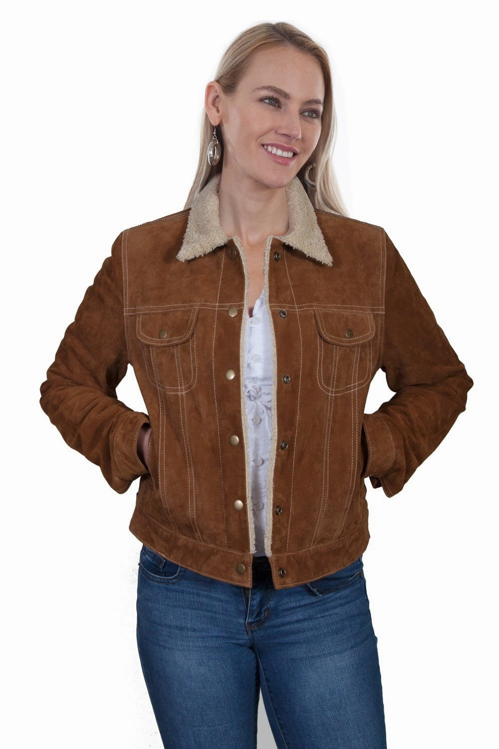 Scully Womens Cinnamon Suede Faux Fur Jean Jacket XL Compression Fit Design Sleek Casual