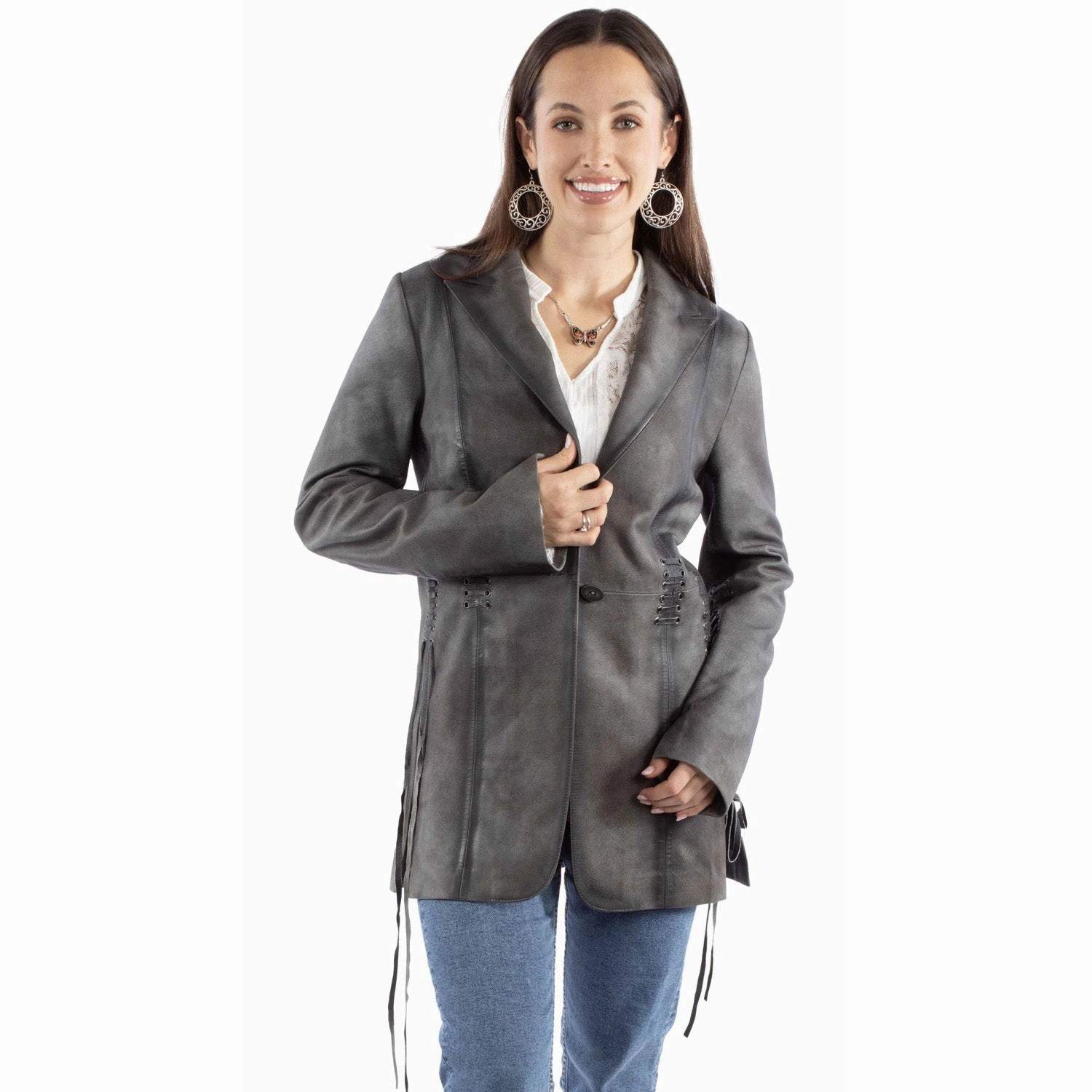 Scully Womens Classic Long Length Vintage Grey Leather Leather Jacket Slim Tailored