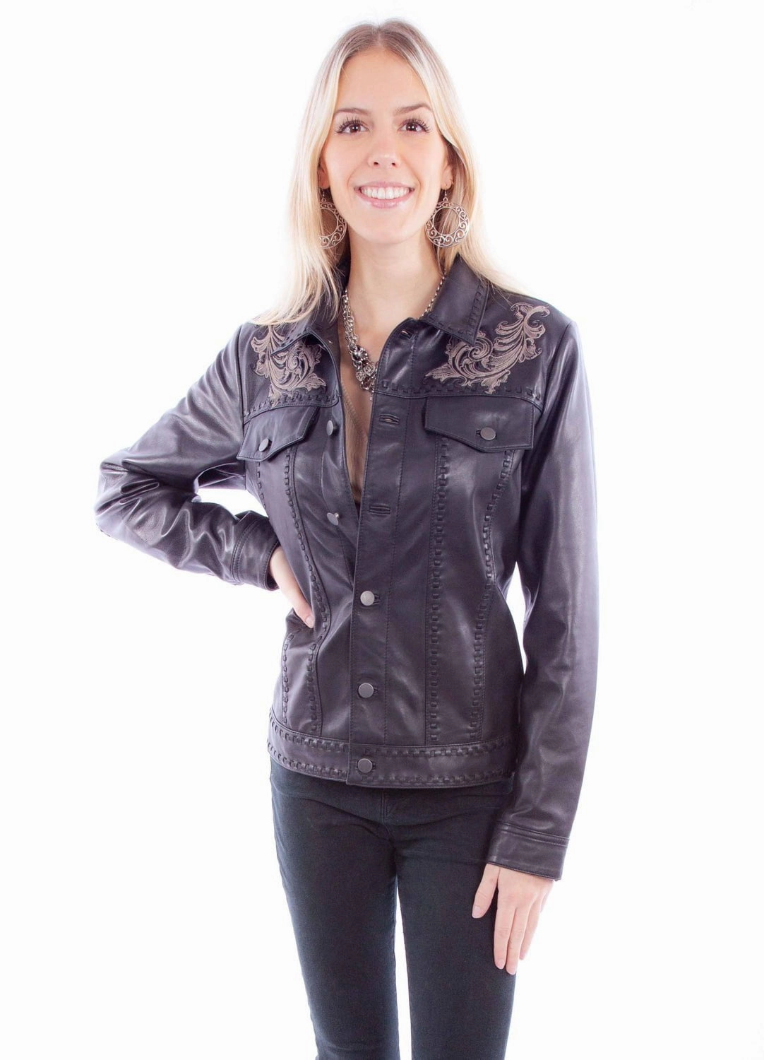 AbrasionResistant SeamlessBonding Scully Womens Classic Scroll Embroidery Black Leather Leather Jacket