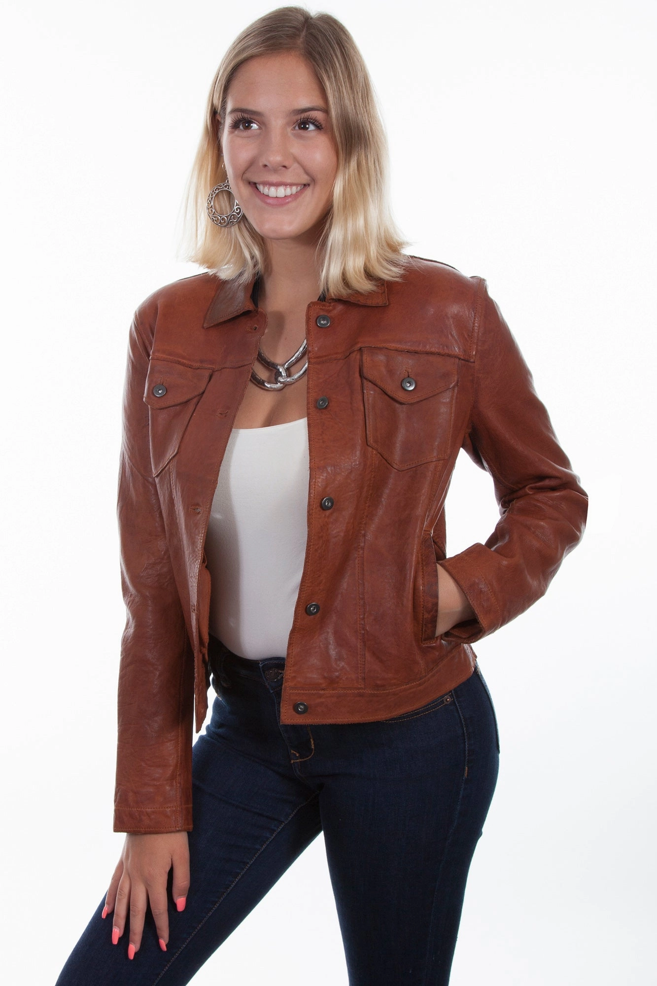 Removable Hood Scully Womens Cognac Leather Jean Jacket
