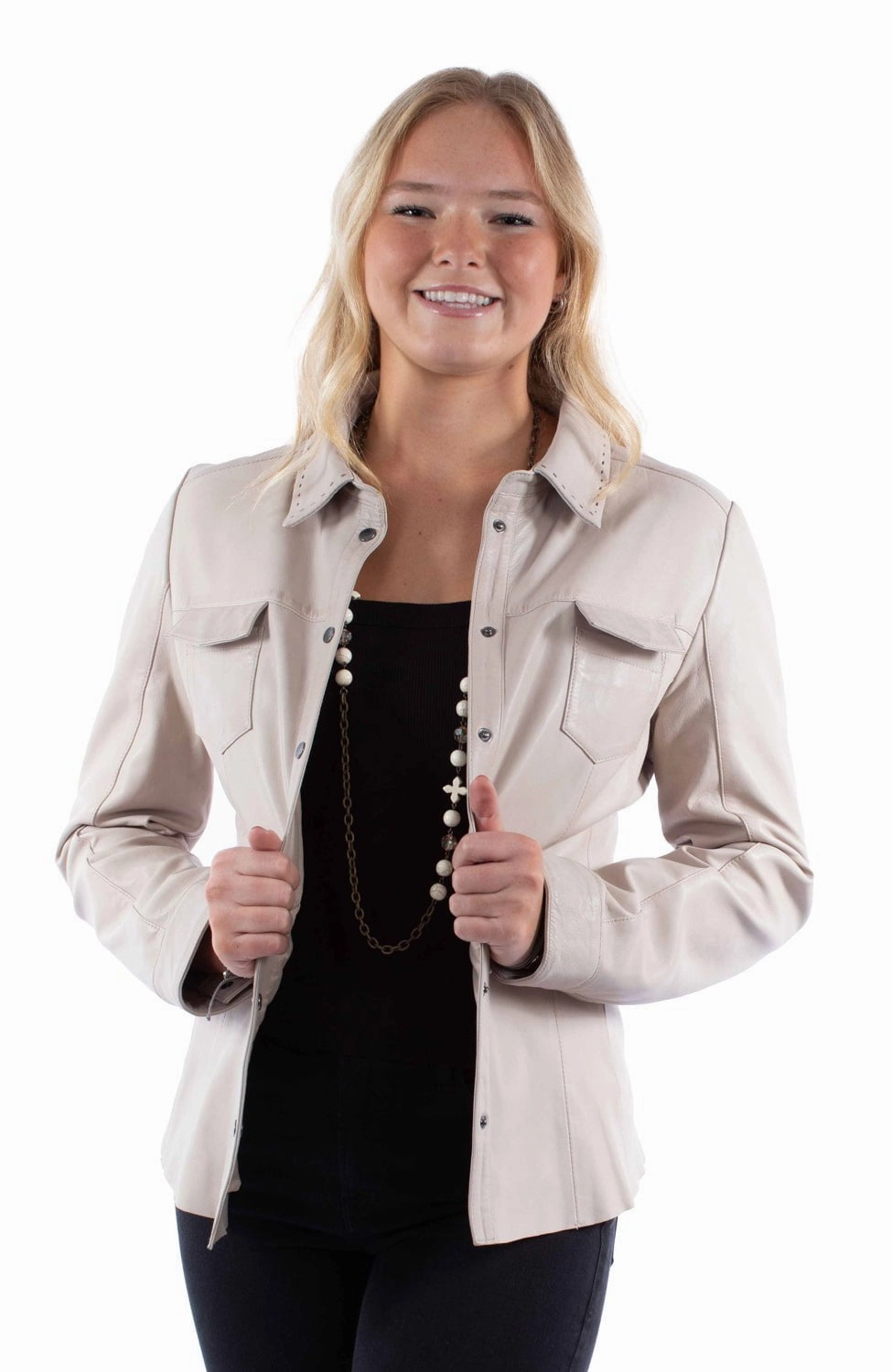 Embellished Trim Scully Womens Contemporary Snap Vanilla Lamb Leather Leather Jacket