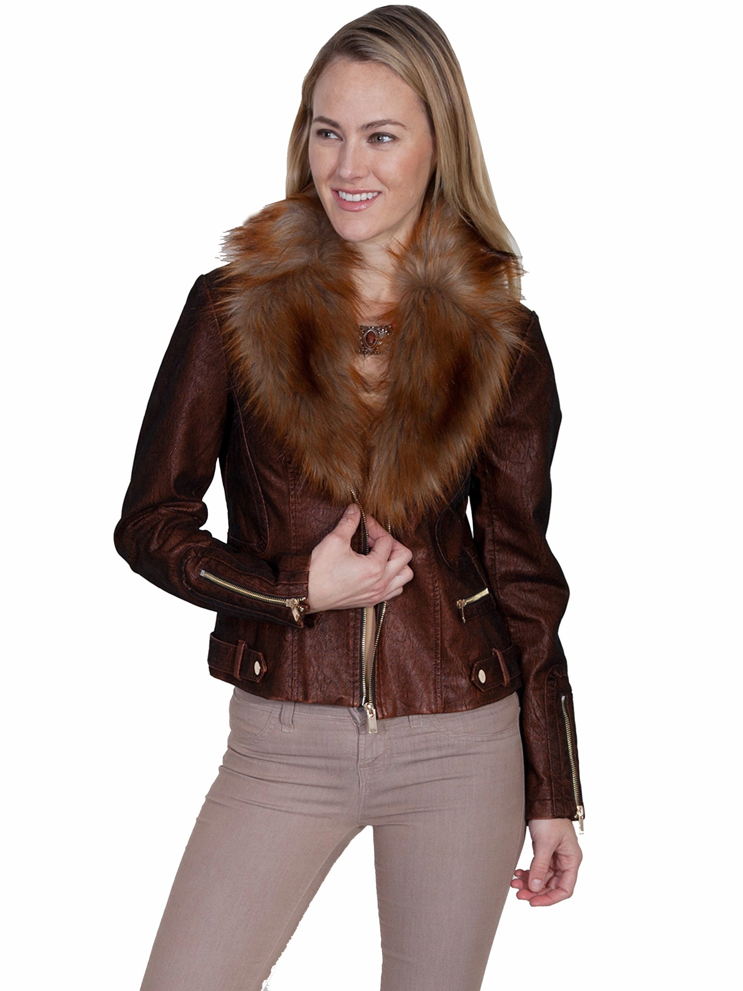 Active Layer Scully Womens Copper Faux Fur Moto Jacket