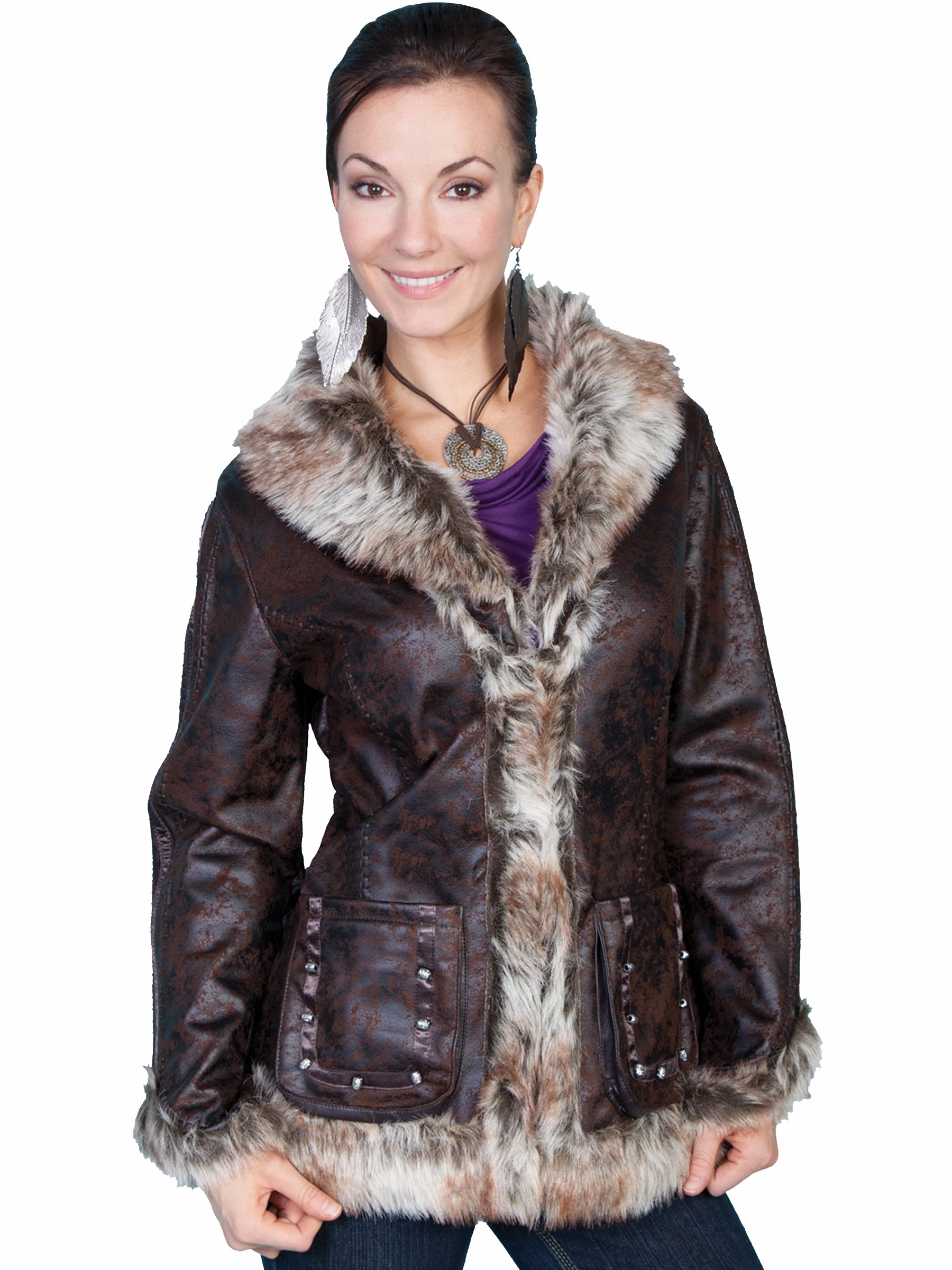 Ergonomic Shoulder Cut Scully Womens Dark Brown Faux Shearling Mottled Jacket