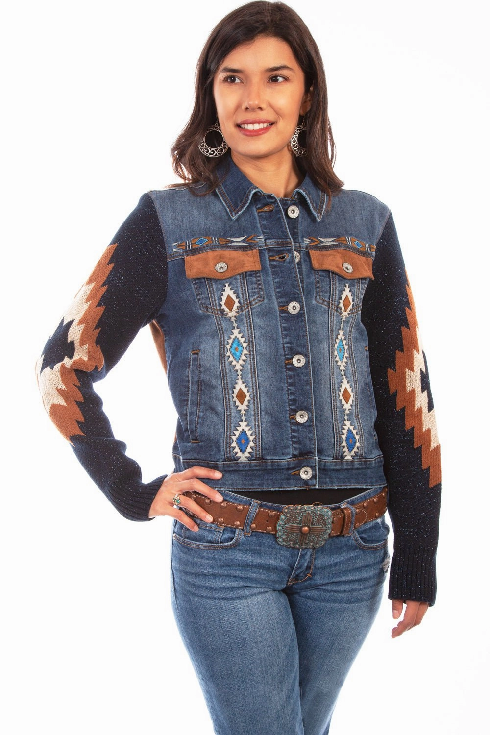 UV protection layer Modular Attachments Scully Womens Denim Cotton Blend Aztec Embroidered Jacket