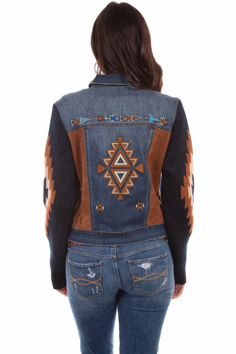 Easy Care Machine Washable Heat Retention Scully Womens Denim Cotton Blend Aztec Embroidered Jacket