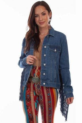 Scully Womens Denim Cotton Blend Jean Fringe Jacket Velcro Fasten