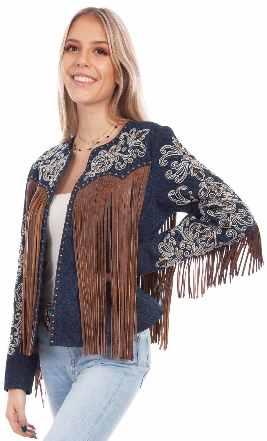 Scully Womens Denim Leather Beaded Fringe Jacket QuickAccess Pockets Winter Layers