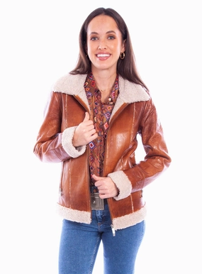 Thermal Regulating Hoodie Scully Womens Faux Fur Zip Front Cognac Leather Leather Jacket L