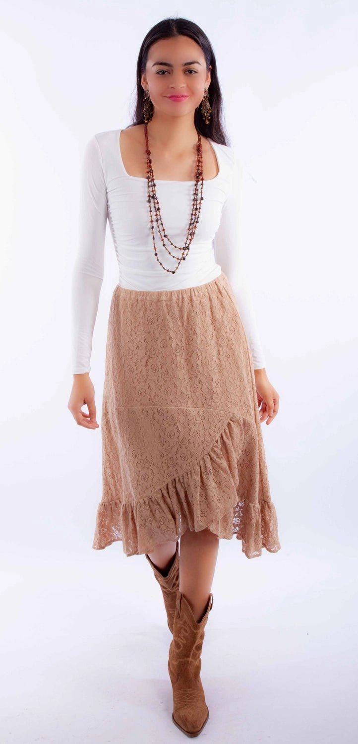 Scully Womens Faux Wrap Taupe Cotton Blend Skirt Fringe Detail