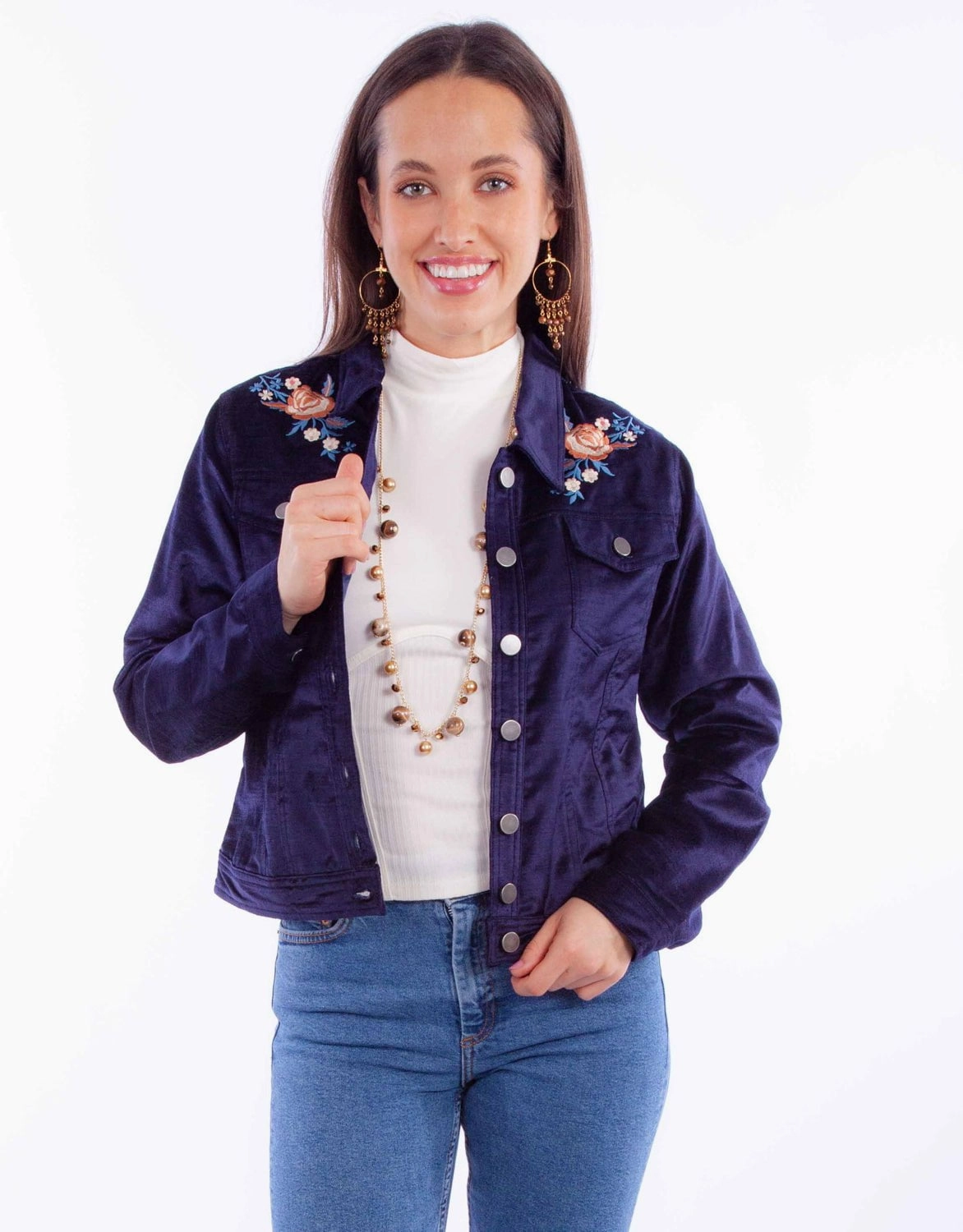 Scully Womens Floral Velvet Navy Cotton Blend Cotton Jacket Comfortable lining Sleek Casual