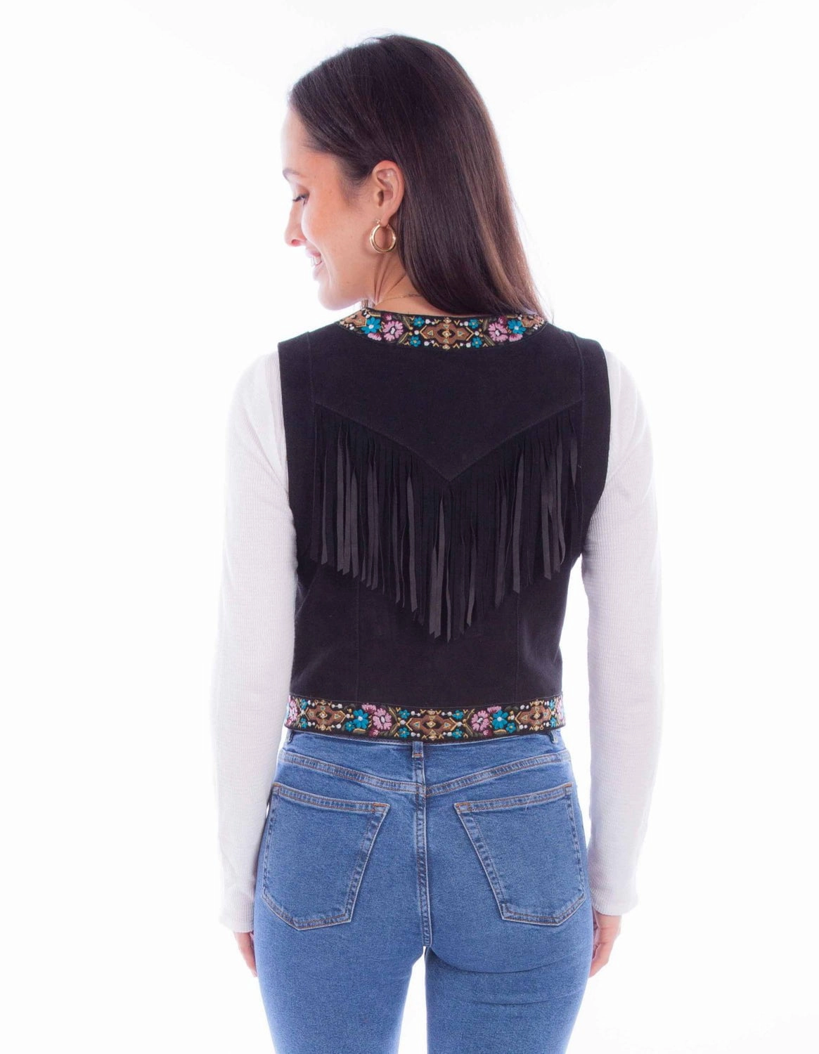 Scully Womens Front Embroidery Black Leather Leather Vest Windbreaker Style Heat Resistant Fabric