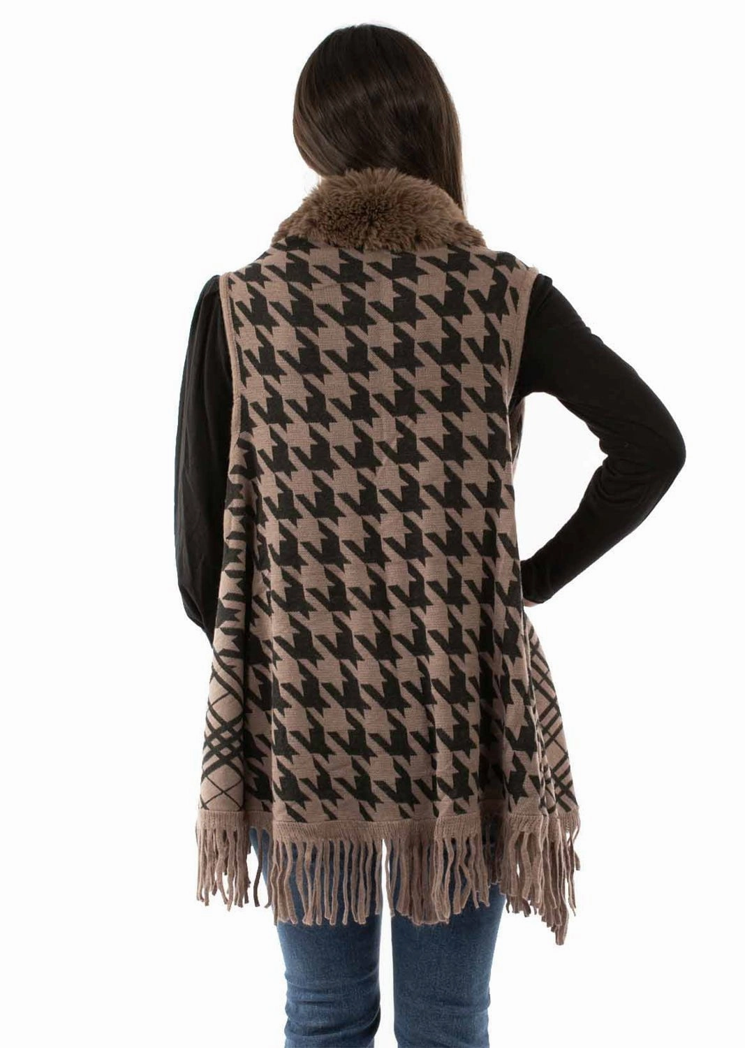 Relaxed Silhouette Scully Womens Houndstooth Trim Brown 100% Acrylic Cardigan Sweater