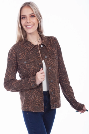 Scully Womens Leopard Cotton Blend Jean Denim Jacket Convertible Collar Travel Commuter Layer