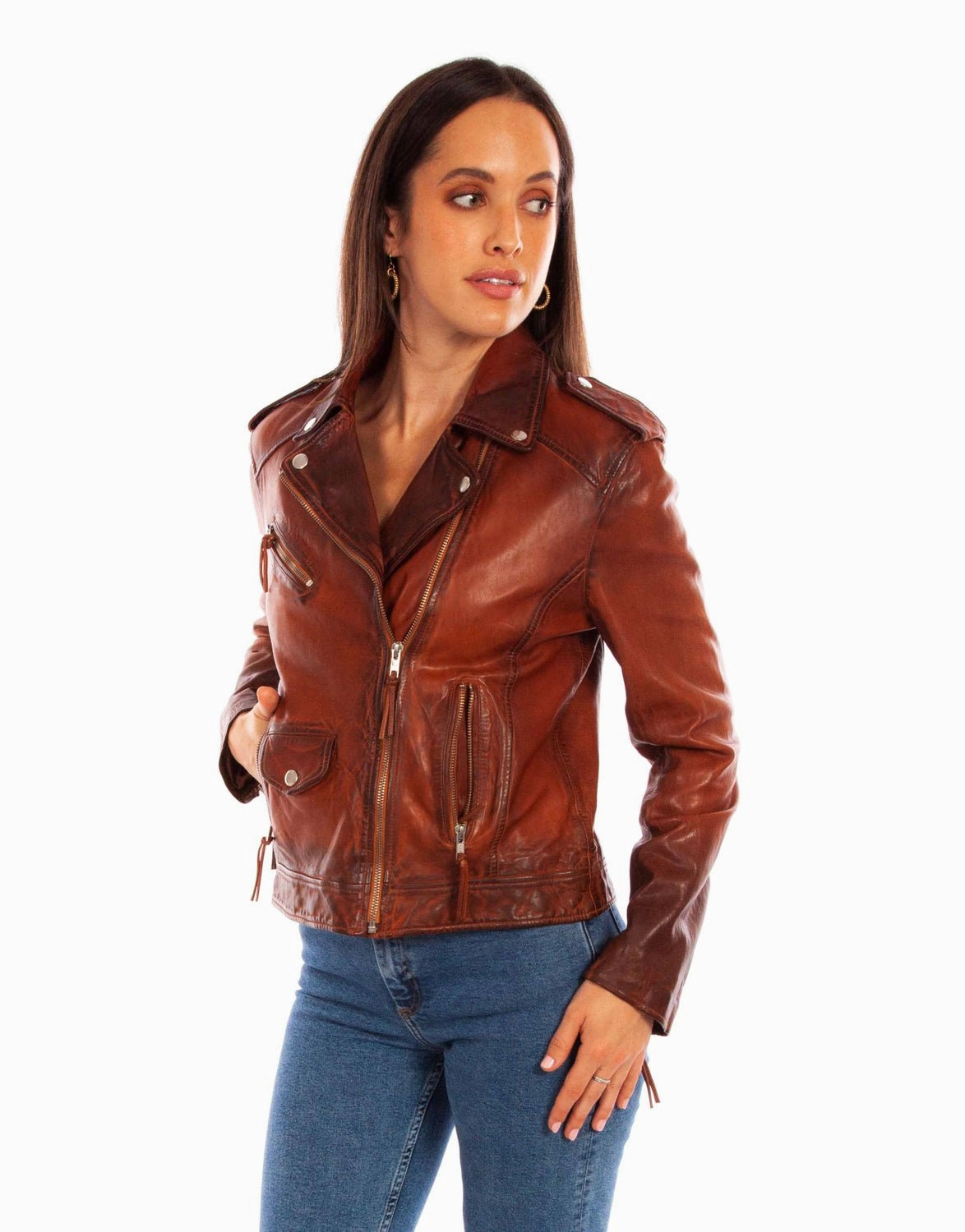Scully Womens Motorcycle Zip Vintage Brown Leather Leather Jacket Green Material