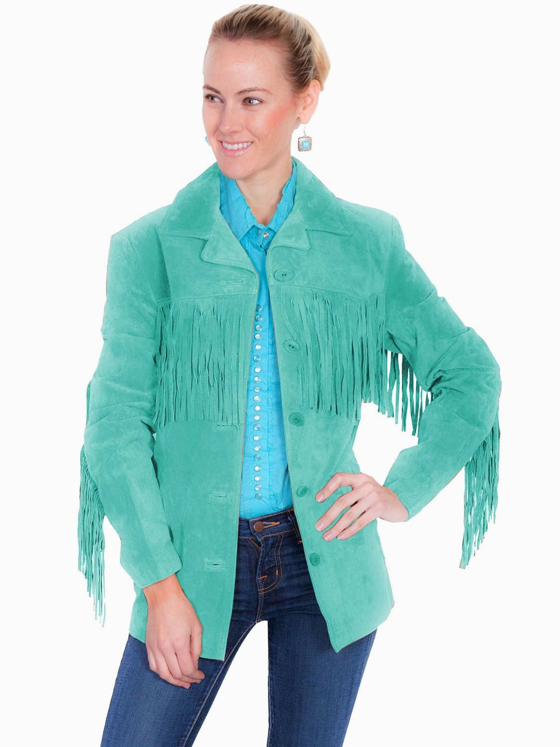 Monochrome Look Relaxed City Style Scully Womens Notched Lapel Fringe Turquoise Leather Leather Jacket