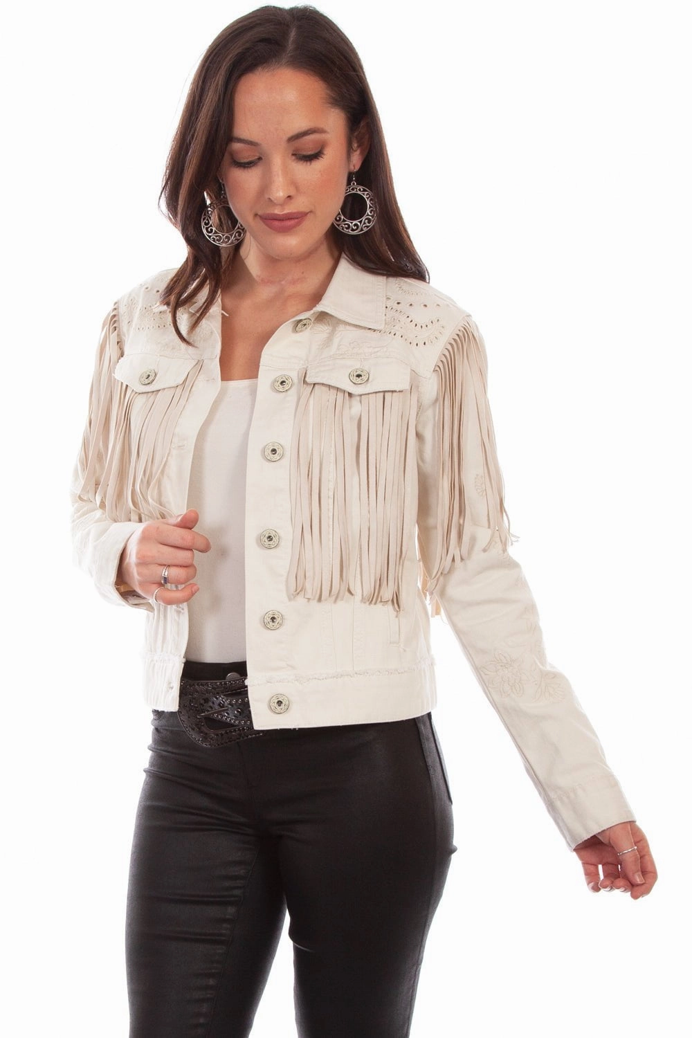 Modern Minimal Essential Style Scully Womens Off White Cotton Blend Fringe Paisley Denim Jacket