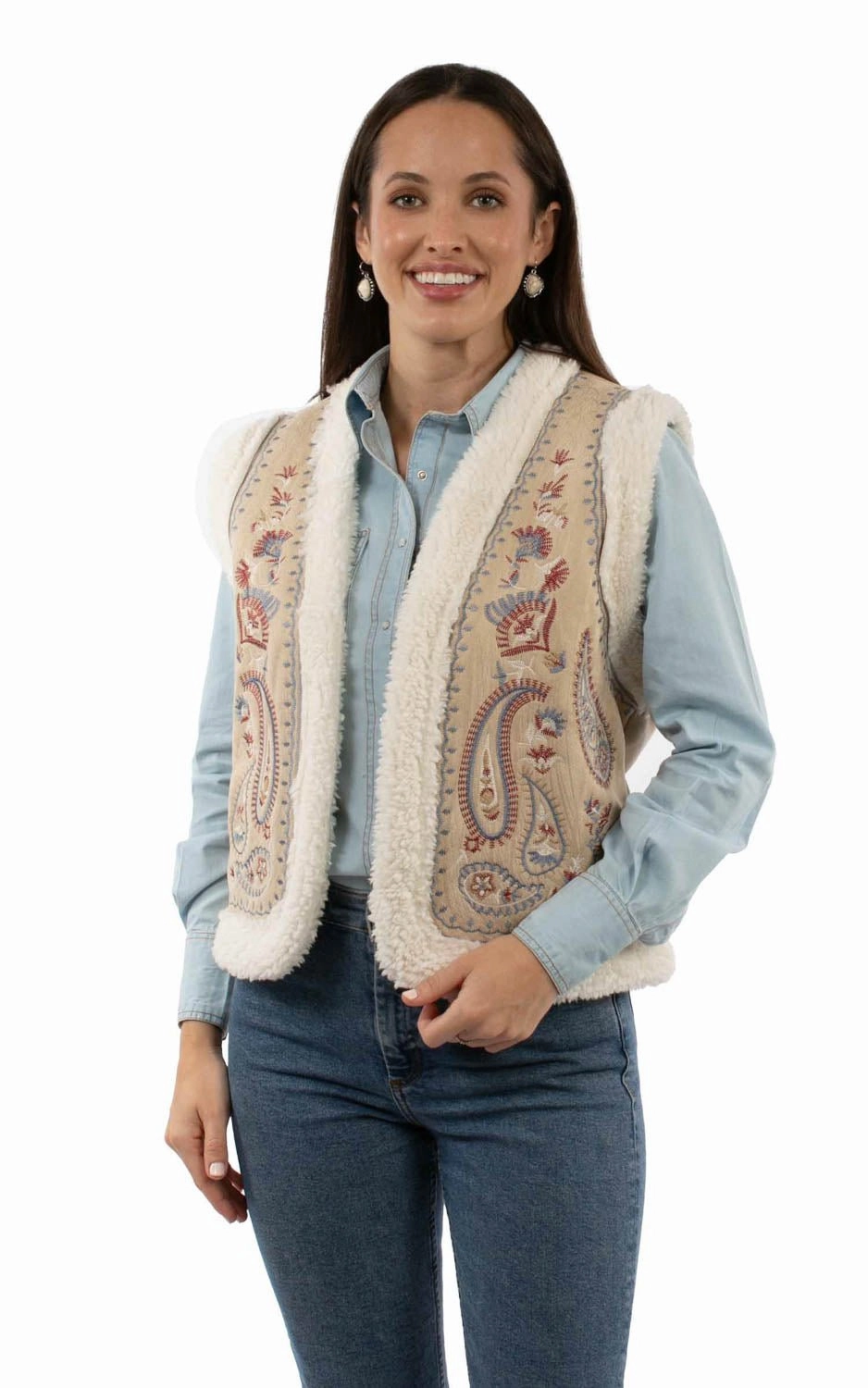 Flex Knit Ribbing Durable Stitching Scully Womens Paisley Embroidery Faux Sherpa Sand 100% Acrylic Faux Fur Vest